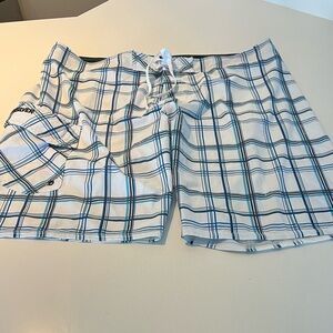 Quiksilver Men's White and Blue Checkered Athletic Shorts